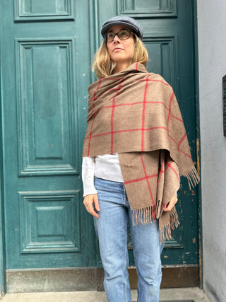Kaschmir Stola Karo Beige Camel Rot